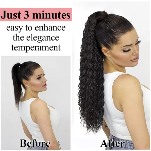 Miniatura 5 de Extensiones de cola de caballo de color marrón oscuro, extensiones de cabello humano real rizado con cordón, extensiones de cabello humano real
