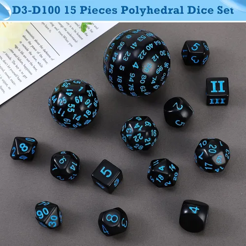 Miniatura 5 de Civaner Juego completo de 15 dados poliédricos D3-D100 esféricos RPG en negro opaco, 100 lados para juegos de rol, suministros de fiesta