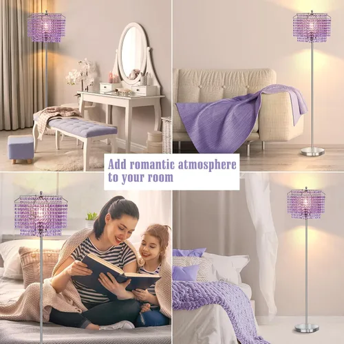 Miniatura 7 de Lámpara de pie de cristal morado, lámparas de pie de 64 pulgadas de alto con pantalla de doble capa, elegante lámpara de pie con interruptor de pie