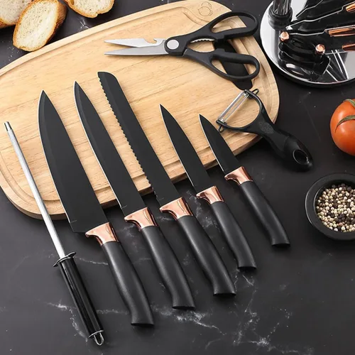 Miniatura 6 de Juego de cuchillos de cocina antiadherentes de acero inoxidable, 9 piezas, juego de cuchillos afilados con afilador, juego de cuchillos con soporte