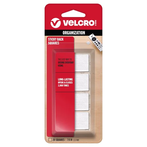 Velcro Cuadrados de montaje de marca | Paquete de 20 | 7/8 pulgadas Blanco | Sujetadores adhesivos de gancho y bucle trasero para el hogar, oficina