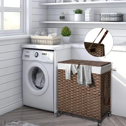 Miniatura 67 de GREENSTELL Cesta para ropa sucia con ruedas y tapa, 130 L, cesta grande de 3 secciones con 2 tipos de bolsas de forro extraíbles, 5 bolsas de malla