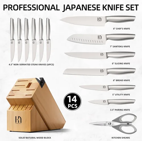 Miniatura 6 de KnifeSaga Juego de cuchillos de alta calidad para cocina, 14 piezas, acero inoxidable japonés de alto carbono UltraSharp con bloque y afilador