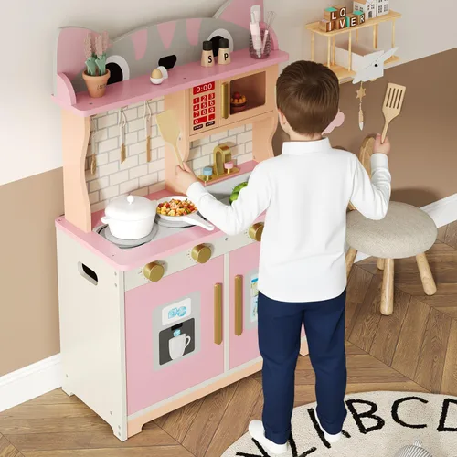 Miniatura 7 de knoworld Cocina de madera de juguete para niños de 3 a 8 años, juego de cocina con diseño de gato con microondas, estufa, fregadero, perillas