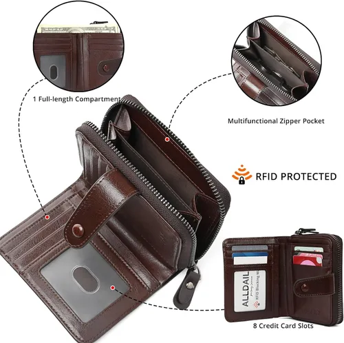 Miniatura 3 de Carteras pequeñas para mujer, con bloqueo RFID, de cuero, con cremallera, bolsillo para monedas, tarjetero, con ventana de identificación, Café