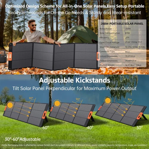 Miniatura 6 de Cargador de panel solar portátil de 200 W, panel solar plegable para central eléctrica, salida QC3.0 USB-A y tipo C, 25% de alta eficiencia, IP68