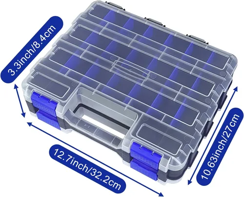 Miniatura 3 de Caja organizadora de herramientas, caja de almacenamiento de piezas pequeñas, 50 compartimentos, organizadores de hardware de doble cara con Azul