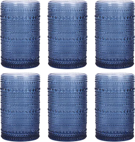 Moretoes Juego de 6 vasos de agua vintage con diseño de hobnail de 12 onzas, vasos altos transparentes en relieve, bohemios, vasos de agua para