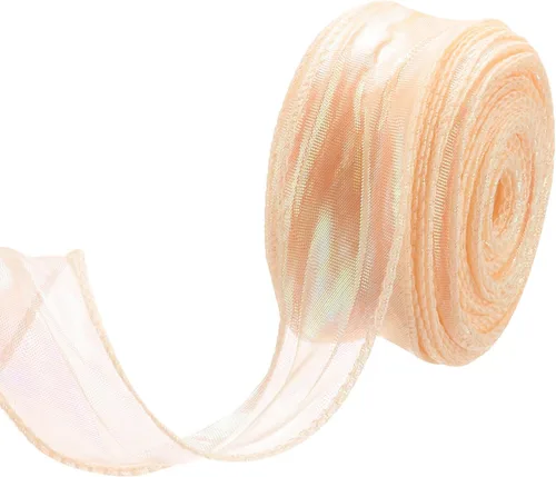 Miniatura 60 de MECCANIXITY - Cinta de organza con cable de 1 1/2" de ancho, brillante, transparente, con brillo irisado en tonos pastel, cinta de gasa para Beige