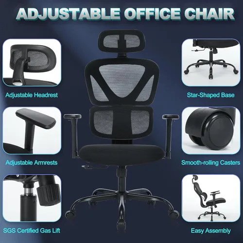 Miniatura 6 de MALOL Silla de oficina ergonómica con reposacabezas ajustables y reposabrazos 3D, silla de escritorio de malla de respaldo alto con soporte lumbar