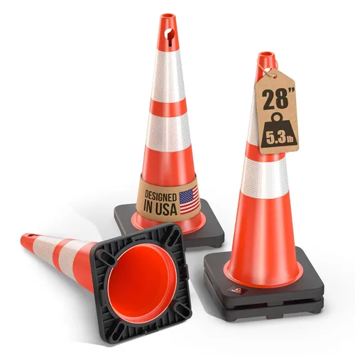 GECCO ™ - Conos de tráfico de 28 pulgadas y 5.3 libras con orificio para cadena, juego de conos de seguridad vial naranja alto para estacionamiento