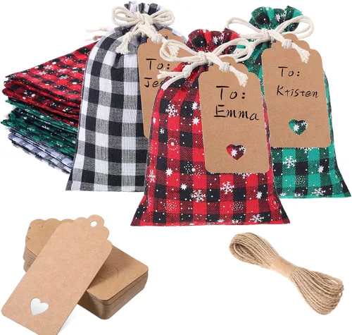 Miniatura 12 de Shappy 24 bolsas de Navidad con cordón, bolsas de arpillera a cuadros de Navidad, bolsas de lino con cuerda de 32.8 pies, 24 tarjetas