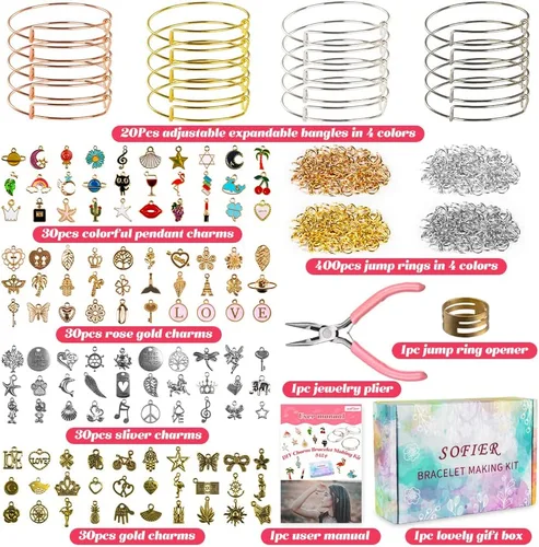 Miniatura 7 de Sofier Kit de fabricación de pulseras de 542 piezas, kit de fabricación de joyas y suministros expandibles, pulseras con dijes, juego de alicates