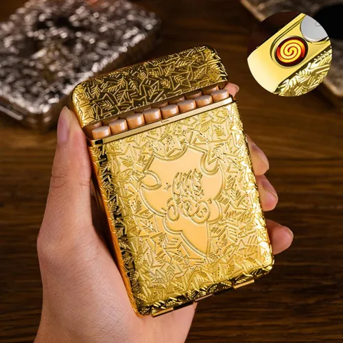 Miniatura 2 de Caja de cigarrillos de metal con encendedor de tamaño King, paquete portátil de 16 piezas de cigarrillos regulares, encendedores USB, caja