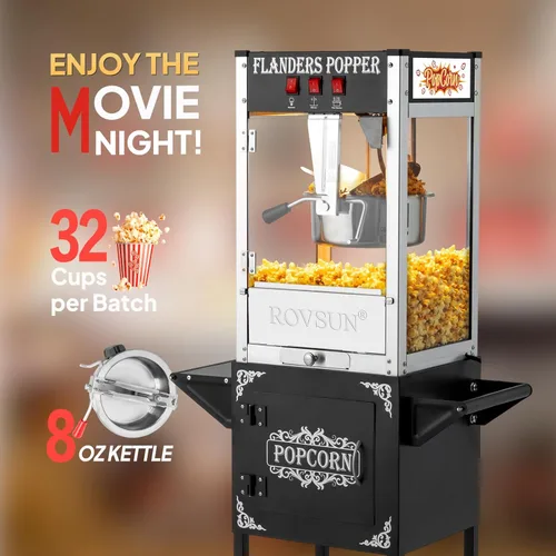 Miniatura 3 de Bonnlo Máquina de palomitas de maíz estilo cine con carrito y ruedas, máquina de palomitas de maíz de 8 onzas con cuchara de palomitas de maíz, Negro