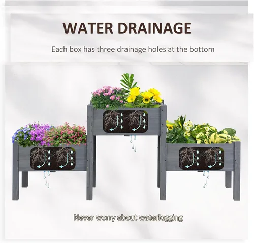 Miniatura 5 de Outsunny Cama de Jardín Elevada con 3 Jardineras, Soporte de Plantas de Madera con Orificios de Drenaje, para Verduras, Hierbas y Flores, Gris