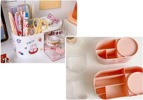 Miniatura 4 de Organizador de escritorio Kawaii con cajones para adolescentes y niñas, lindo organizador de escritorio Kawaii con calcomanías, suministros Rosa