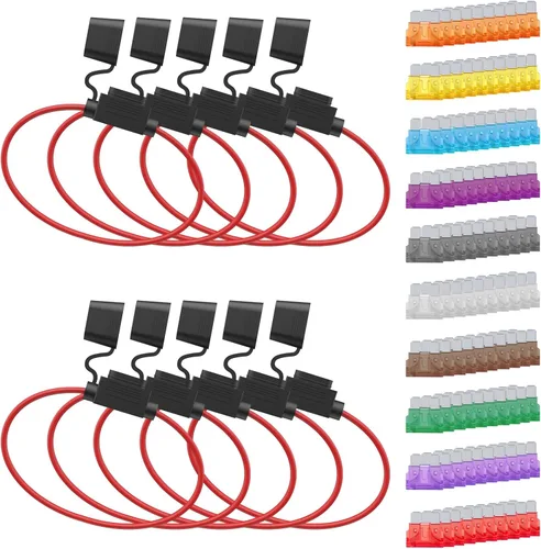 Newdeli Juego de 10 Portafusibles en Línea 14AWG 12V ATO/ATC Impermeable con 100 Fusibles de Hoja Estándar 2A/3A/5A/7.5A/10A/15A/20A/25A/30A/35A AMP