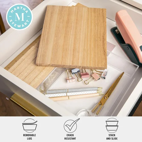 Miniatura 3 de Martha Stewart Brody - Contenedores organizadores de plástico con tapas de madera de paulownia para oficina en casa, cocina o baño, paquete de 3
