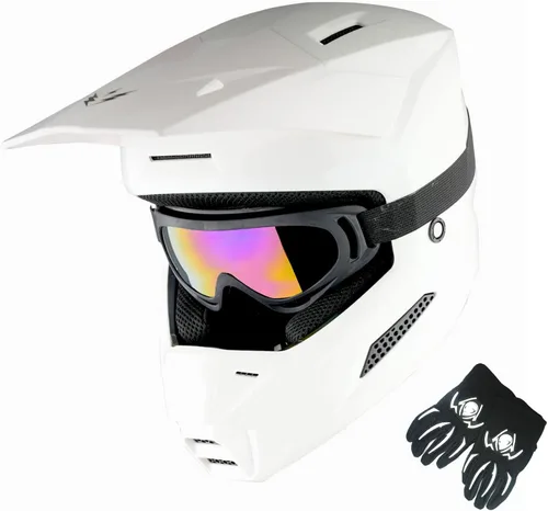 1Storm Casco de motocross juvenil ATV BMX Dirt Bike Go Kart Skate para niños, multideportes, adolescente, blanco brillante + gafas + guantes Paquete