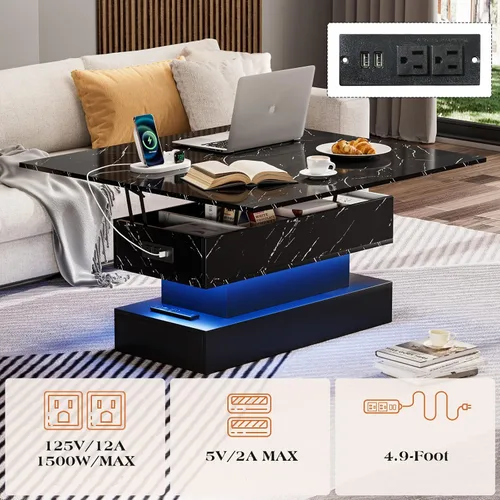 Miniatura 3 de SYESWAY Mesa de Centro Elevable de 39.4" con Estación de Carga, Mesa de Centro Multifuncional 4 en 1 con Almacenamiento y Compartimentos Ocultos