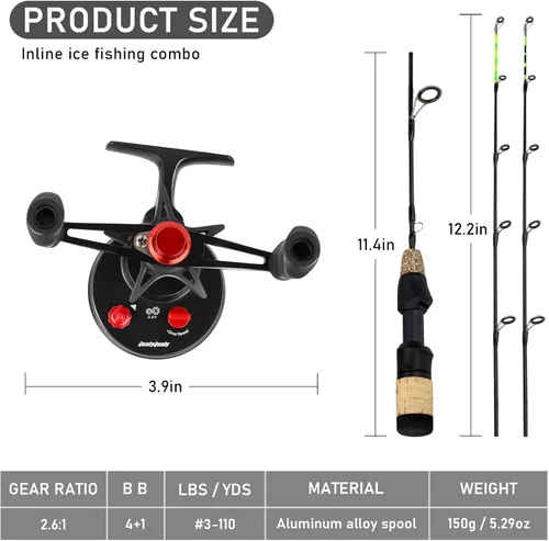Miniatura 5 de QualyQualy Combo de caña de pescar en hielo y carrete de 24 pulgadas M/ML en línea de pesca en hielo, 2 consejos diferentes para lucioperca, panfish