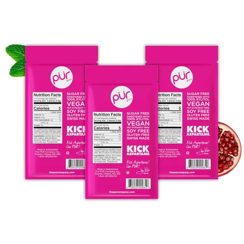Miniatura 3 de PUR - Chicle de sabor menta y granada elaborado con 100 % xilitol, sin azúcar, aspartamo ni transgénicos, vegano, 55 chicles (paquete de 3 unidades)