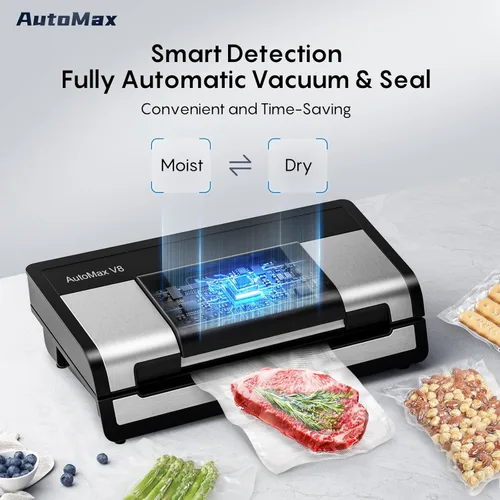 Miniatura 4 de Sellador al vacío totalmente automático, potente máquina selladora al vacío de alimentos de 95 Kpa, detección automática de seco y húmedo Cortador