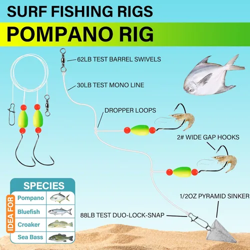 Miniatura 2 de Alwonder Paquete de 5 aparejos de pesca Pompano con flotadores Snell, aparejo giratorio de cebo vivo de agua salada, broches de presión de doble