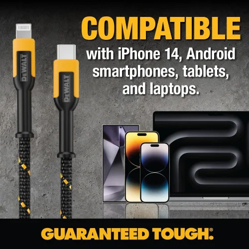 Miniatura 8 de DEWALT Cable USB a Lightning de alta resistencia [certificado Apple MFi] cargador duradero para iPhone, cables Lightning, cable de carga rápida