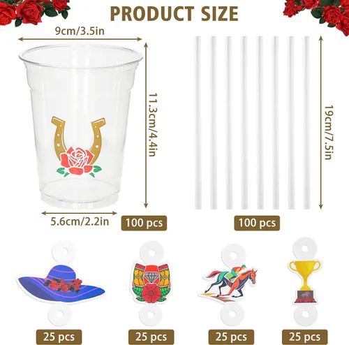 Miniatura 2 de MUOUAKATE Copas Derby desechables de plástico a granel, paquete de 100 vasos de 12 onzas Derby Clear Julep con pajitas de plástico y tarjetas