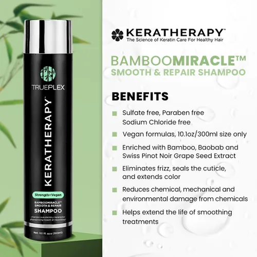 Miniatura 2 de KERATHERAPY Bamboo Miracle Smooth & Repair Champú, 10.1 onzas, 10.1 fl oz – Fórmula limpiadora vegana para cabello dañado y encrespado – Hidratante