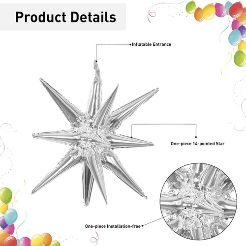 Miniatura 3 de 6 globos de papel de aluminio con forma de estrella plateada de una sola pieza, globo de estrella de 14 puntas 4D, cono de estrella en explosión