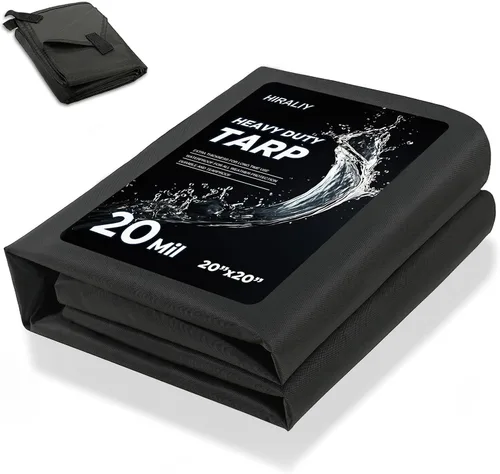Miniatura 10 de HIRALIY Lona impermeable resistente de 20 mil, lona negra de 7 x 12 pies con bucles de cincha reforzados, lona de tela Oxford multiusos para leña
