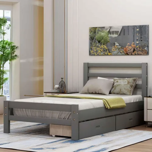 Miniatura 7 de Base de cama con 2 cajones, base de cama moderna de plataforma de madera con cabecero para niños, adolescentes y adultos, base de colchón Camas, sin