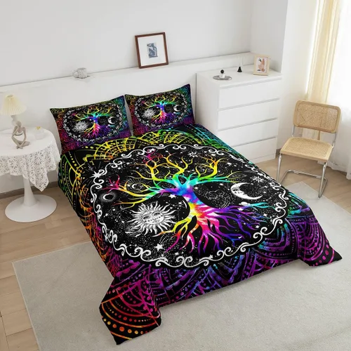 Miniatura 5 de Erosebridal - Juego de edredón tamaño King con diseño de Árbol de la Vida, juego de cama colorido de sol y luna para hombres y mujeres, edredón