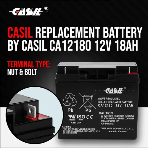 Miniatura 2 de Casil Terminal de batería recargable SLA AGM de 12V 18Ah, tuerca y perno (NB), reemplazo EXP12180 ML18-12 UB12180 FM12180 TL1218 6fm18