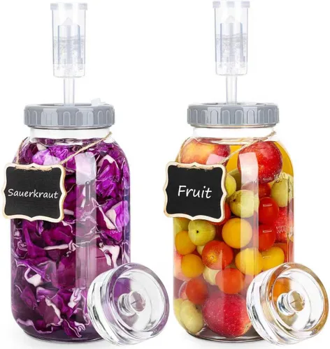 Kit de tarros de fermentación de 64 onzas con pesas de fermentación y tapas de esclusa de aire, tarros de vidrio de boca ancha con marca de escala