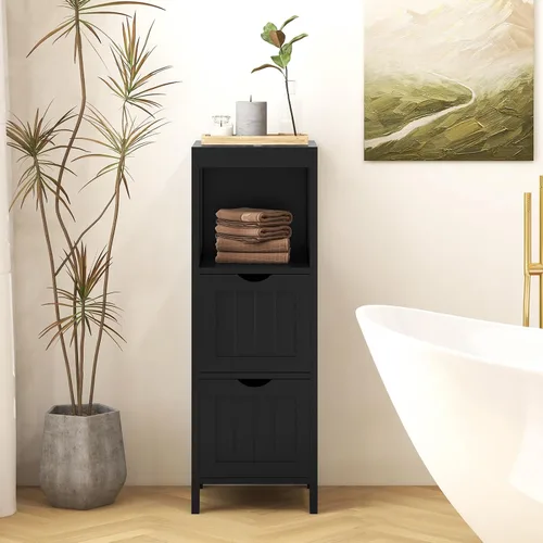 Miniatura 5 de Tangkula Armario de almacenamiento de baño pequeño con 2 cajones extraíbles, armario de piso independiente de madera para baño, dispositivo Negro