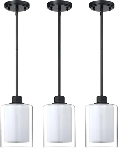Miniatura 8 de Paquete de 2 lámparas colgantes de isla de cocina para interiores, lámpara colgante de 5 pulgadas de vidrio esmerilado transparente, acabado