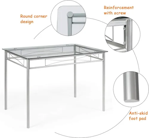 Miniatura 4 de Juego de mesa de comedor moderno para 4, juego de mesa de comedor con mesa de cristal, marco de metal y asiento de madera, mesa de cocina de 5