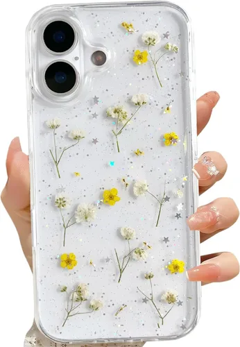 Miniatura 13 de LSEEKA Funda transparente para iPhone 13 Mini/iPhone 12 Mini con diseño de flores reales prensadas, con purpurina, bonito patrón floral blanco, Oro