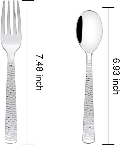 Miniatura 5 de KIRE Juego de 400 tenedores y cucharas de plástico plateado desechables, juego de cubiertos de plástico resistente, cucharas y tenedores plateados