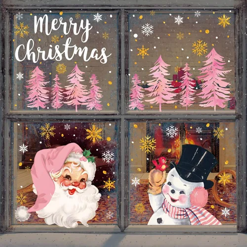 6 hojas de adhesivos vintage para ventana de Navidad en rosa y dorado, calcomanías de Papá Noel y muñeco de nieve, doble cara, decoración de vidrio