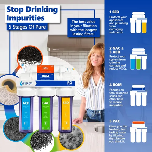 Miniatura 3 de Express Water Sistema de filtración de agua de ósmosis inversa Sistema de filtro de agua RO de 5 etapas con grifo y tanque Filtro de agua debajo