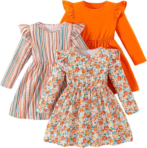 Miniatura 36 de Vestidos para niñas Vestidos para niñas pequeñas Paquete de 3 Vestido casual de fiesta con estampado patinador acampanado tipo A Vestido de verano