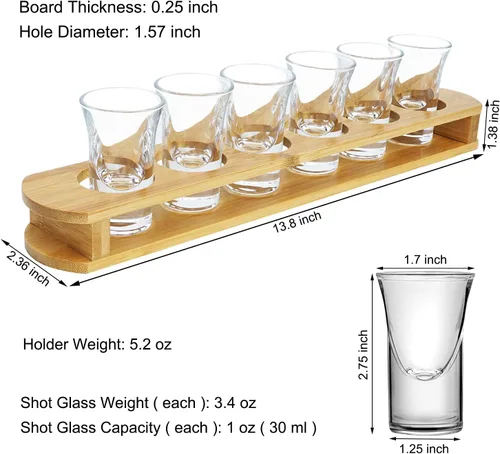 Miniatura 2 de D&Z Vasos de chupito de 1 oz con soporte, juego de vasos de chupito en bandeja de madera de bambú, 6 vasos de chupito de base pesada para whisky