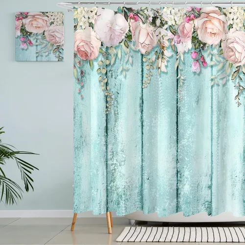 Miniatura 11 de Tititex Juegos de Cortinas de Ducha de Rosas Lilas Rosadas con Flores, Pétalos Florecientes Ruborizados que Caen, Decorativo de Baño 70x70 Pulgadas