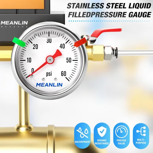 Miniatura 7 de MEANLIN MEASURE - Manómetro de presión de 0~60 psi, relleno de glicerina, esfera con cara de 1.5 pulgadas, NPT de 1/8 de pulgada, manómetro de acero