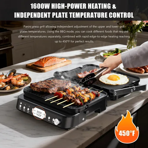 Miniatura 3 de CATTLEMAN Prensa de Parrilla Panini Sandwichera con Placas Extraíbles, 1600W, 5 en 1 Parrilla y Plancha Interior Sin Humo con Termómetro para Carne